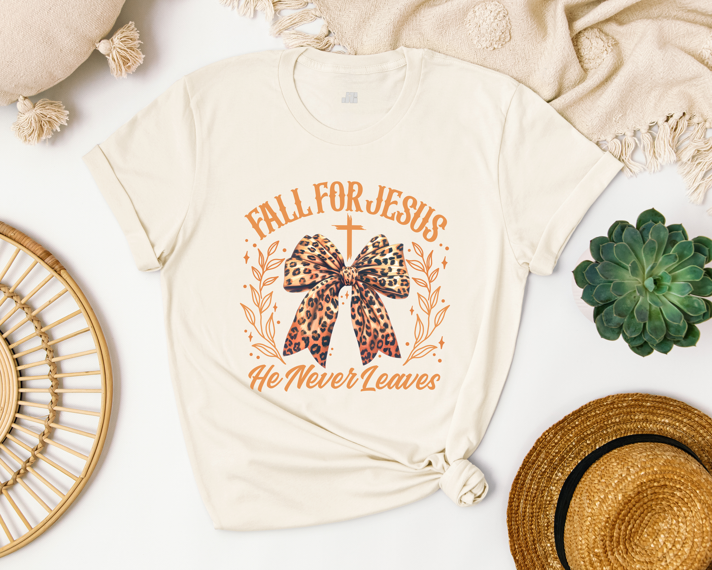 Fall For Jesus He Never Leaves Soft Cotton Tee - Fall Christian Shirt