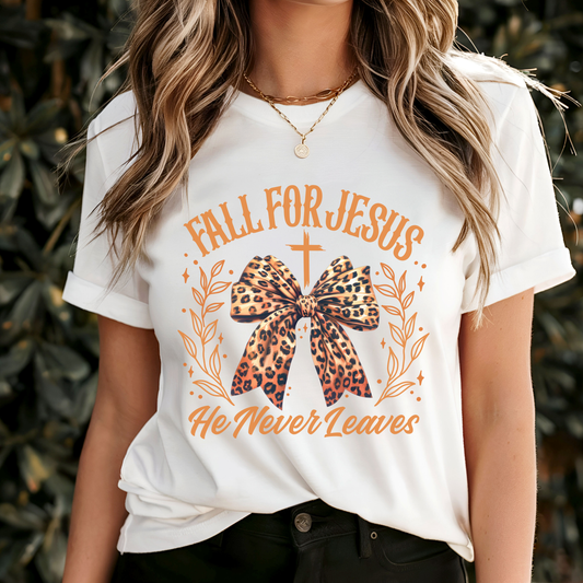 Fall For Jesus He Never Leaves Soft Cotton Tee - Fall Christian Shirt