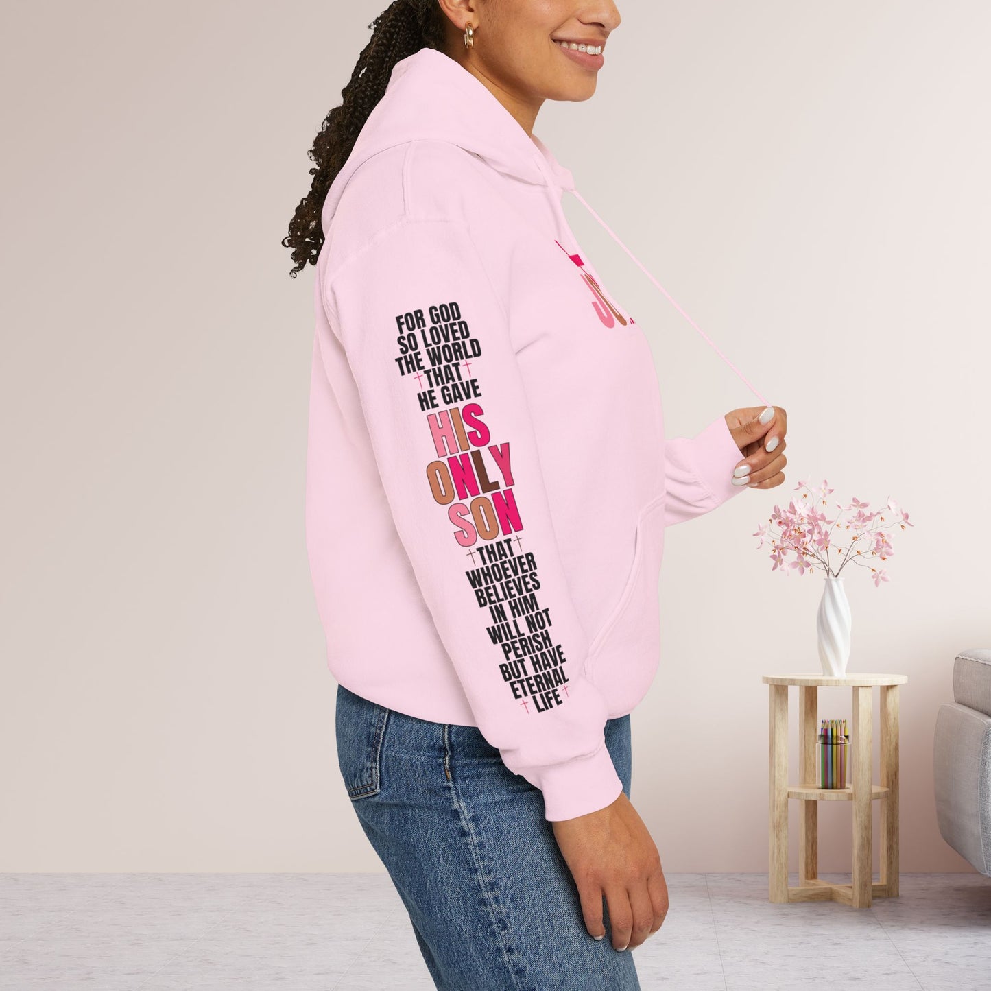 Pink His Only Son John 3:16 Bible Verse Christian Hoodie