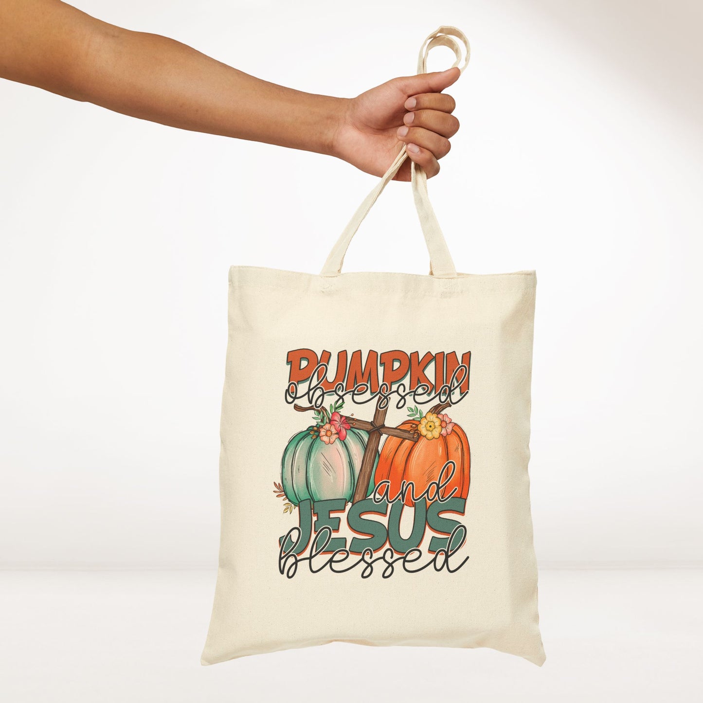 Pumpkin Obsessed and Jesus Blessed Canvas Tote Bag