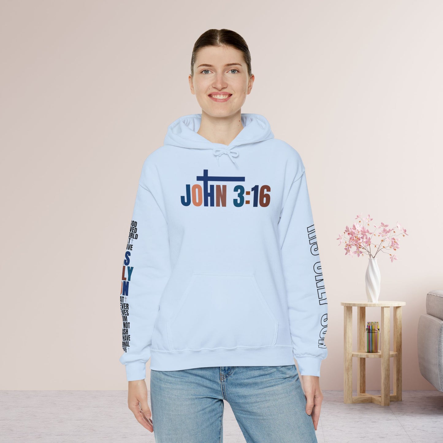 Blue His Only Son John 3:16 Bible Verse Christian Hoodie