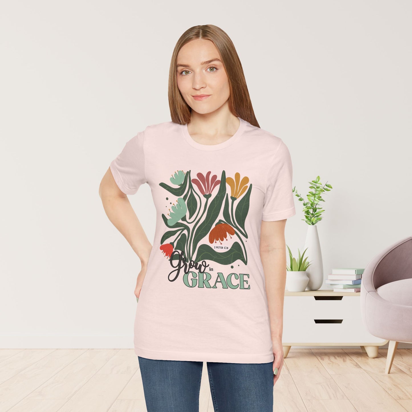 Floral Grow in Grace Soft Cotton Tee - Bible Verse T-shirt