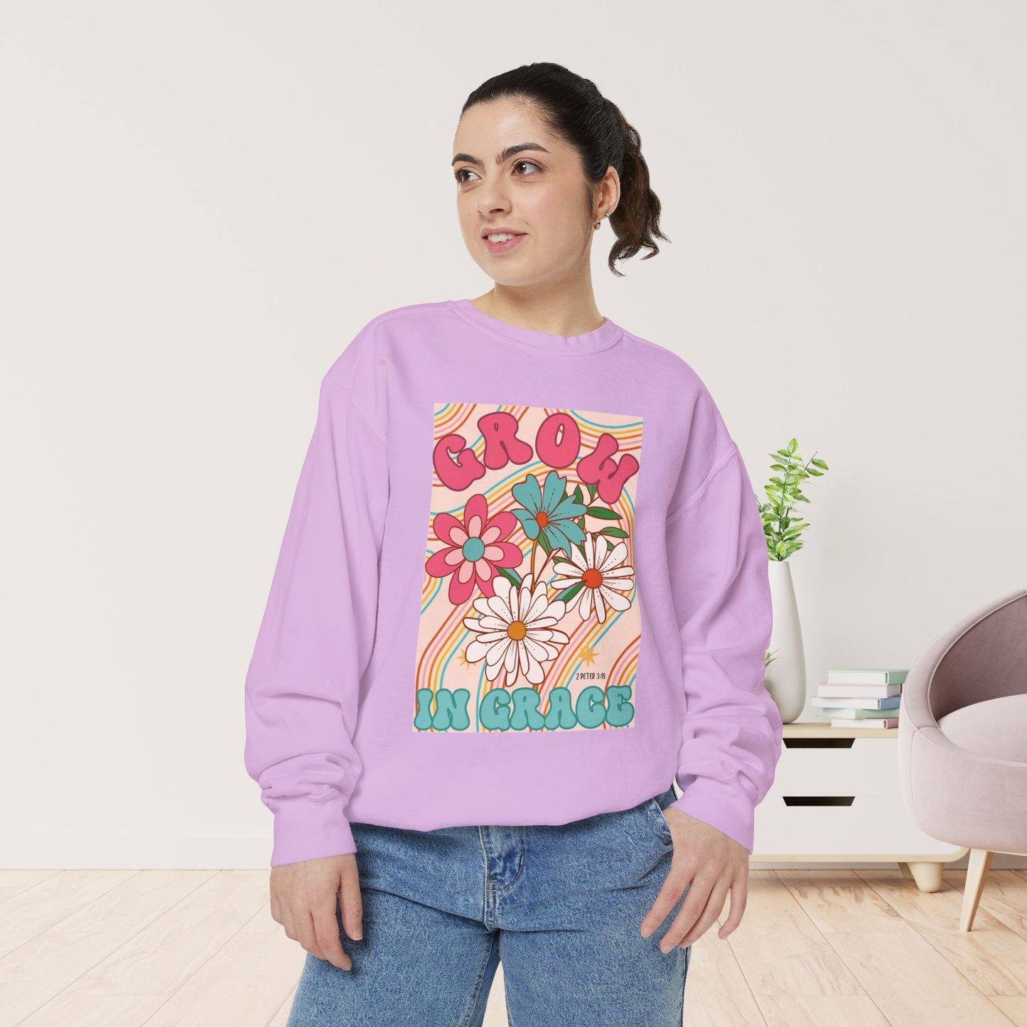 Comfort Colors Groovy Grow in Grace Sweatshirt - Bible Verse Shirt 2 Peter 3:18