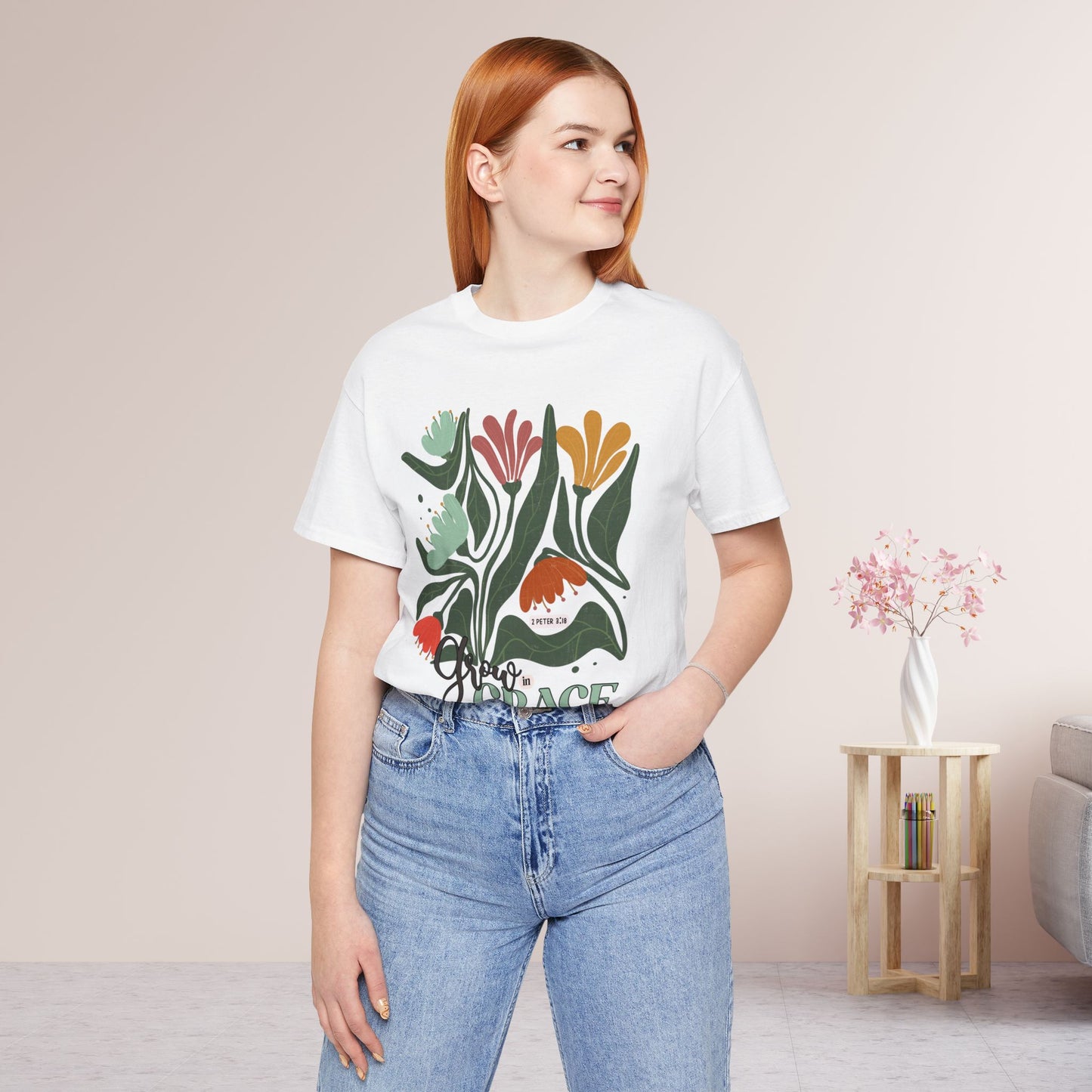 Floral Grow in Grace Soft Cotton Tee - Bible Verse T-shirt