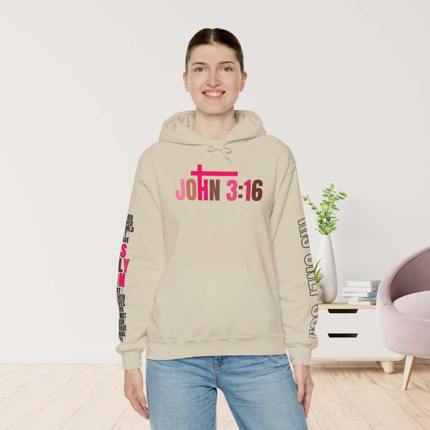 Pink His Only Son John 3:16 Bible Verse Christian Hoodie