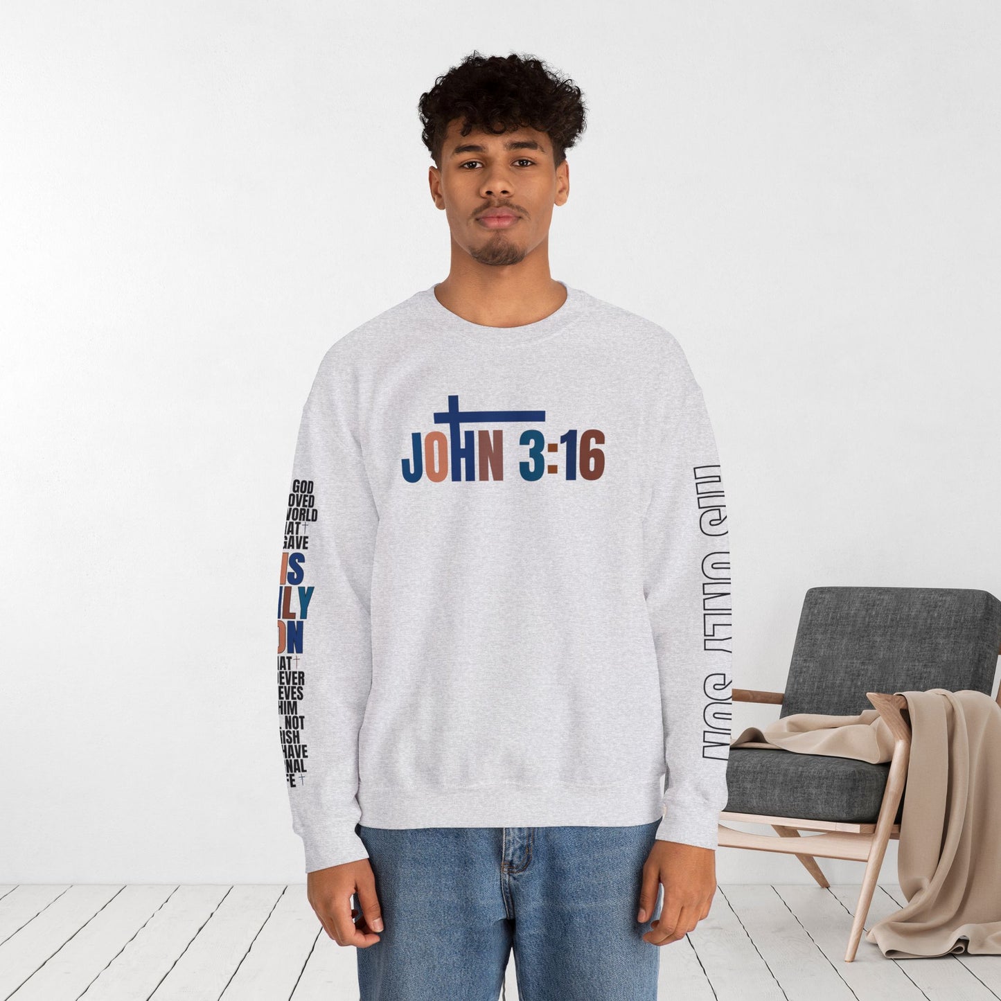 Blue His Only Son John 3:16 Bible Verse Christian Sweatshirt