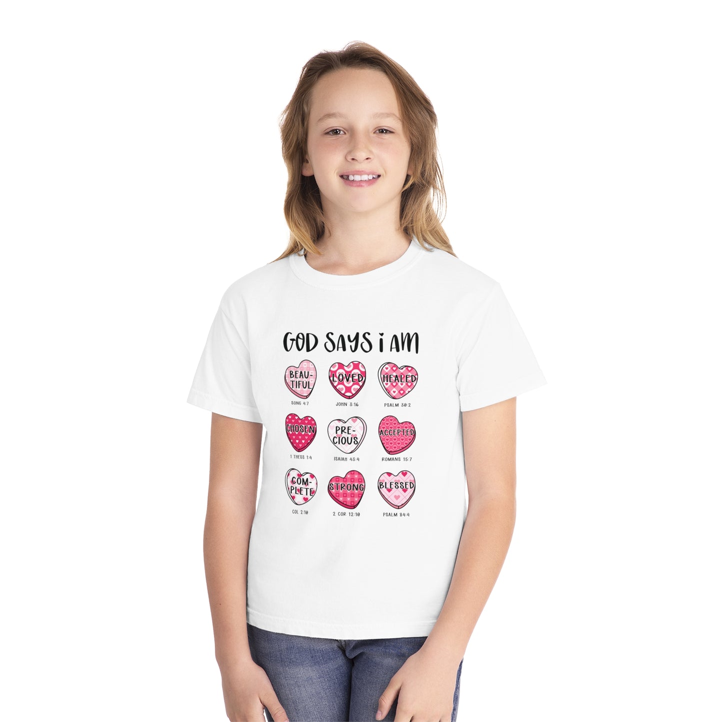 God Says I Am... Comfort Colors Youth Shirt - Christian Valentine's Day Tee