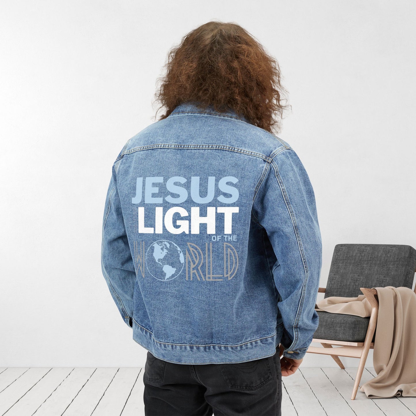 Jesus is the Light of the World Men's Denim Jacket - Christian Denim Jacket