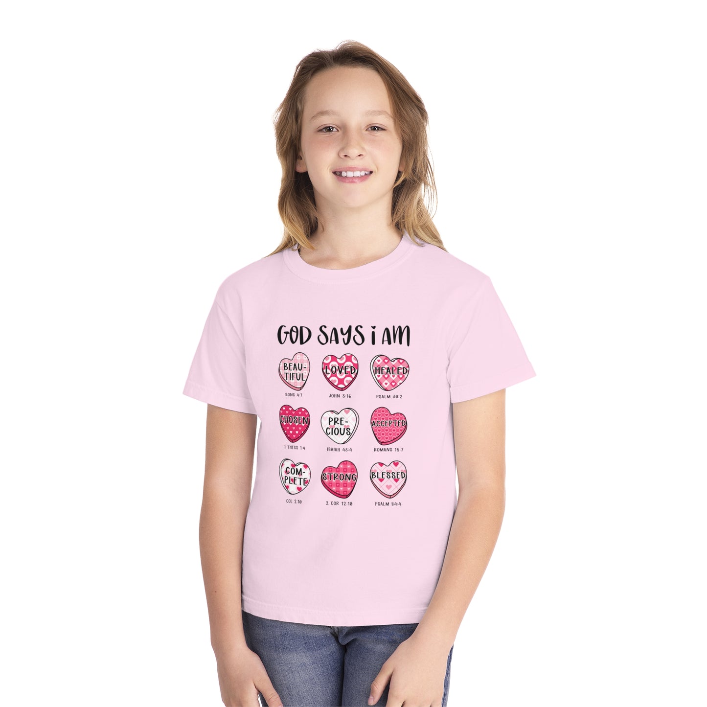 God Says I Am... Comfort Colors Youth Shirt - Christian Valentine's Day Tee