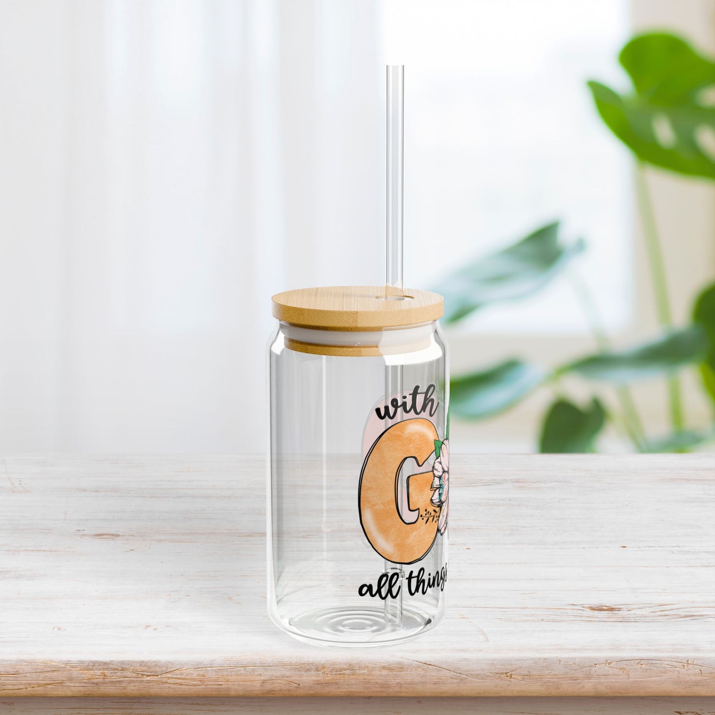 With God All Things Are Possible Sipper Glass with Bamboo Lid & Straw - 16 oz