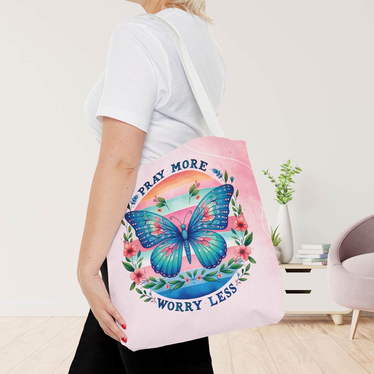 Pray More Worry Less Tote Bag - Christian Tote Bag - 16"