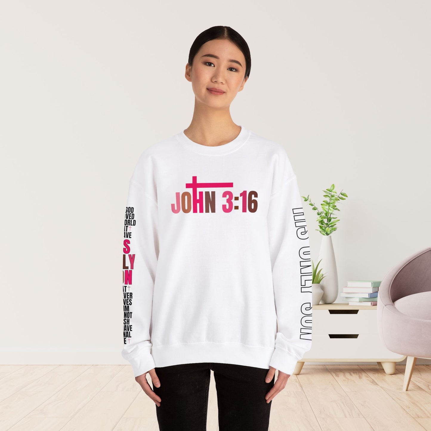 Pink His Only Son John 3:16 Bible Verse Christian Sweatshirt