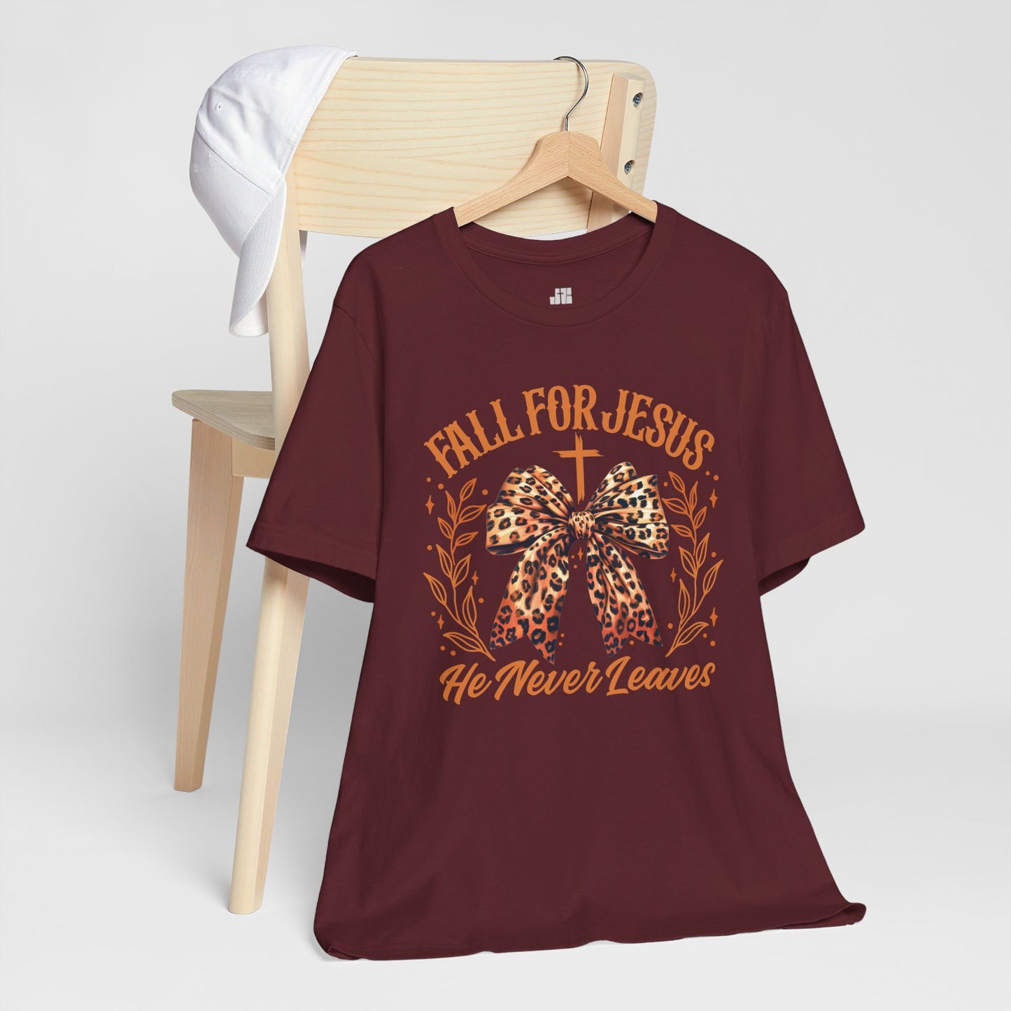 Fall For Jesus He Never Leaves Soft Cotton Tee - Fall Christian Shirt