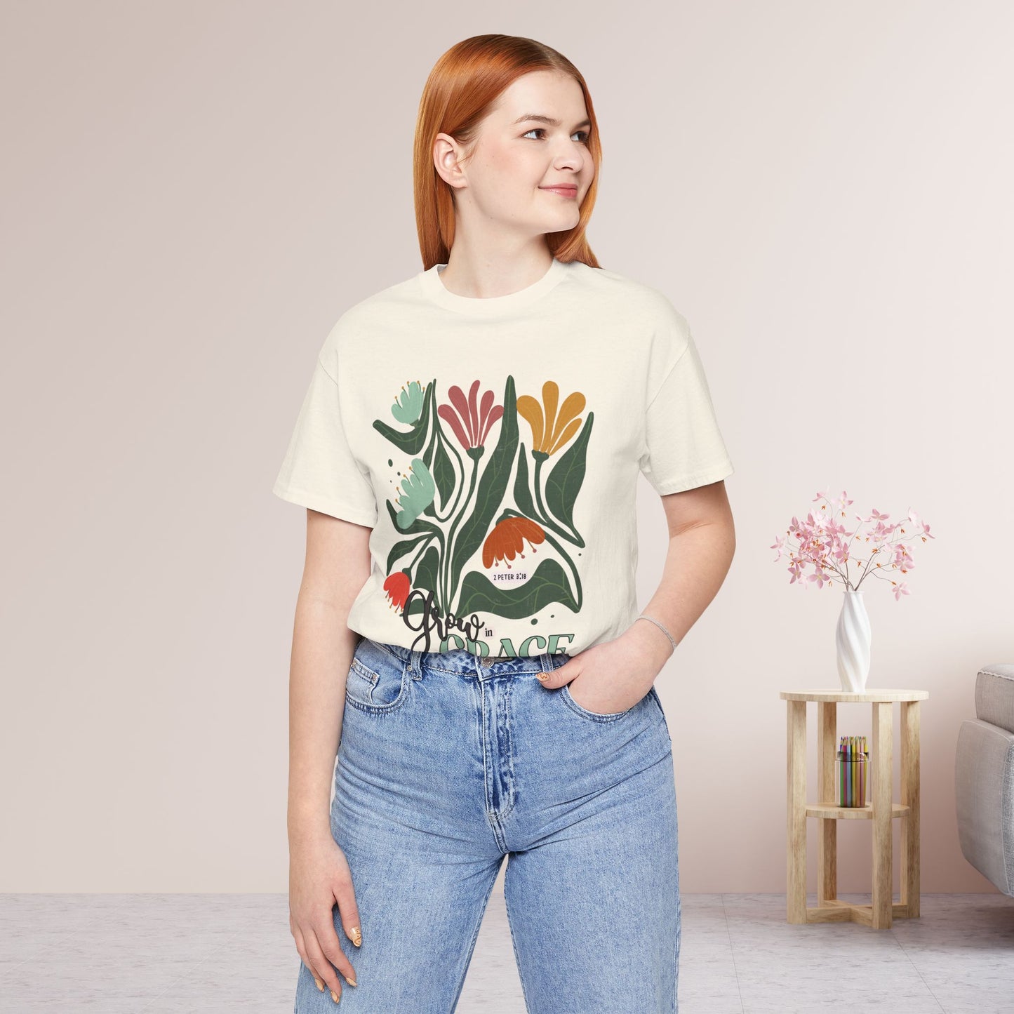 Floral Grow in Grace Soft Cotton Tee - Bible Verse T-shirt