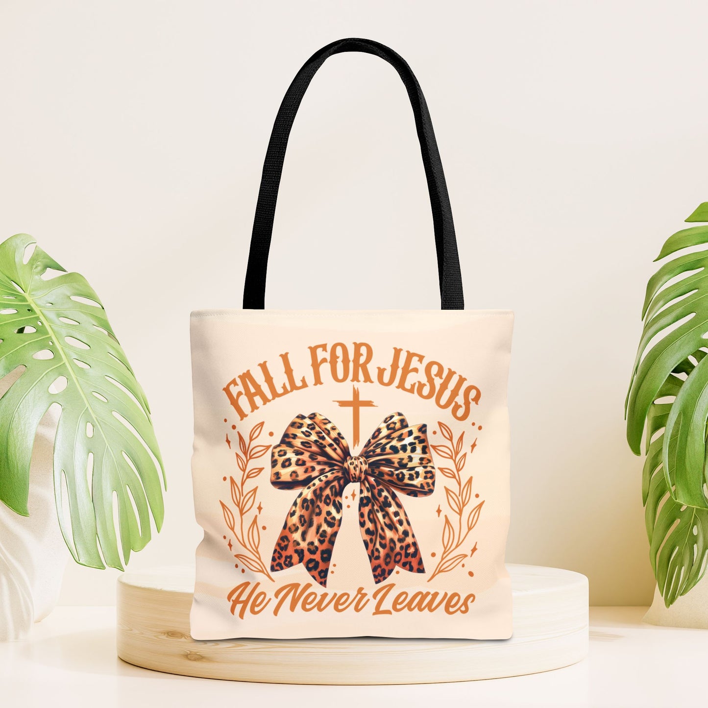 Fall For Jesus He Never Leaves Tote Bag - Christian Tote Bag - 16"