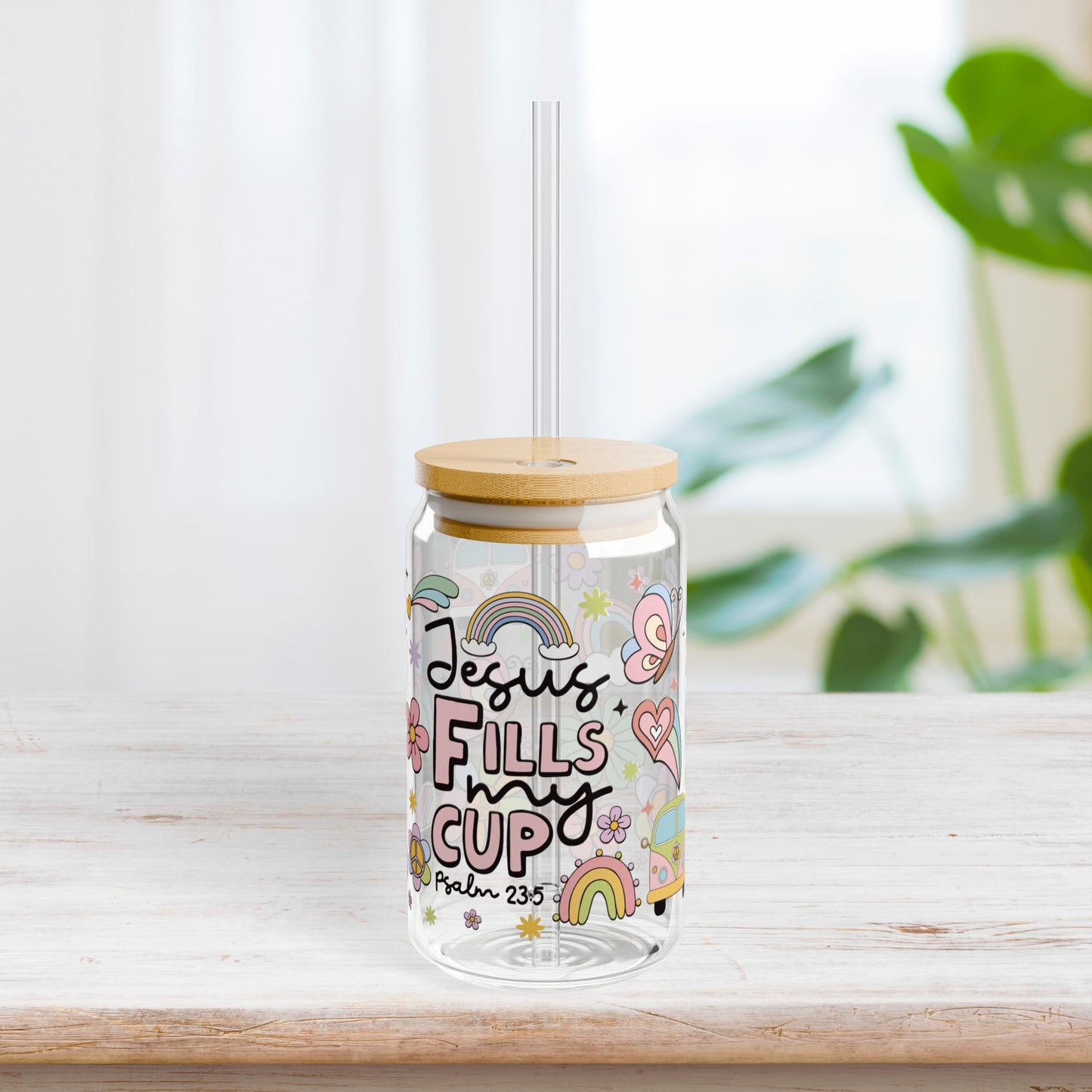 Jesus Fills My Cup 16 oz Sipper Glass with Bamboo Lid & Straw