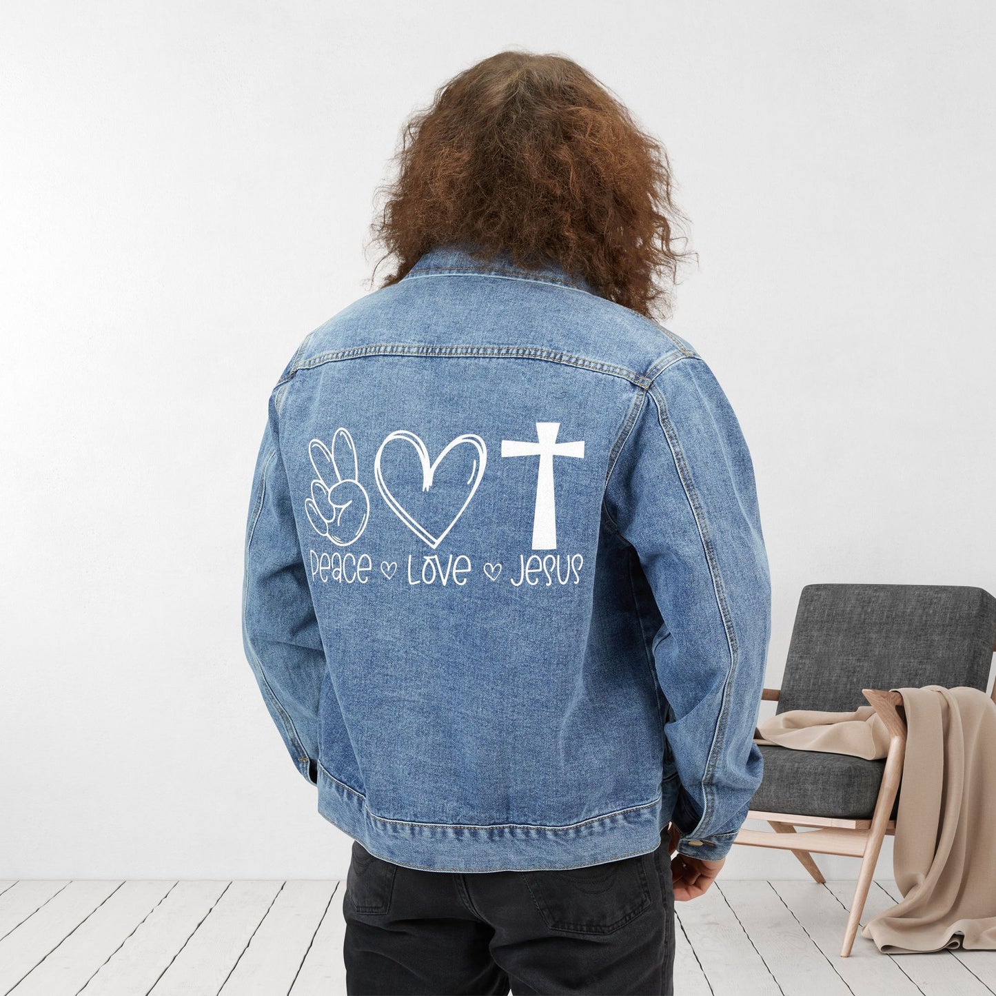 Peace Love Jesus Men's Denim Jacket - Christian Denim Jacket