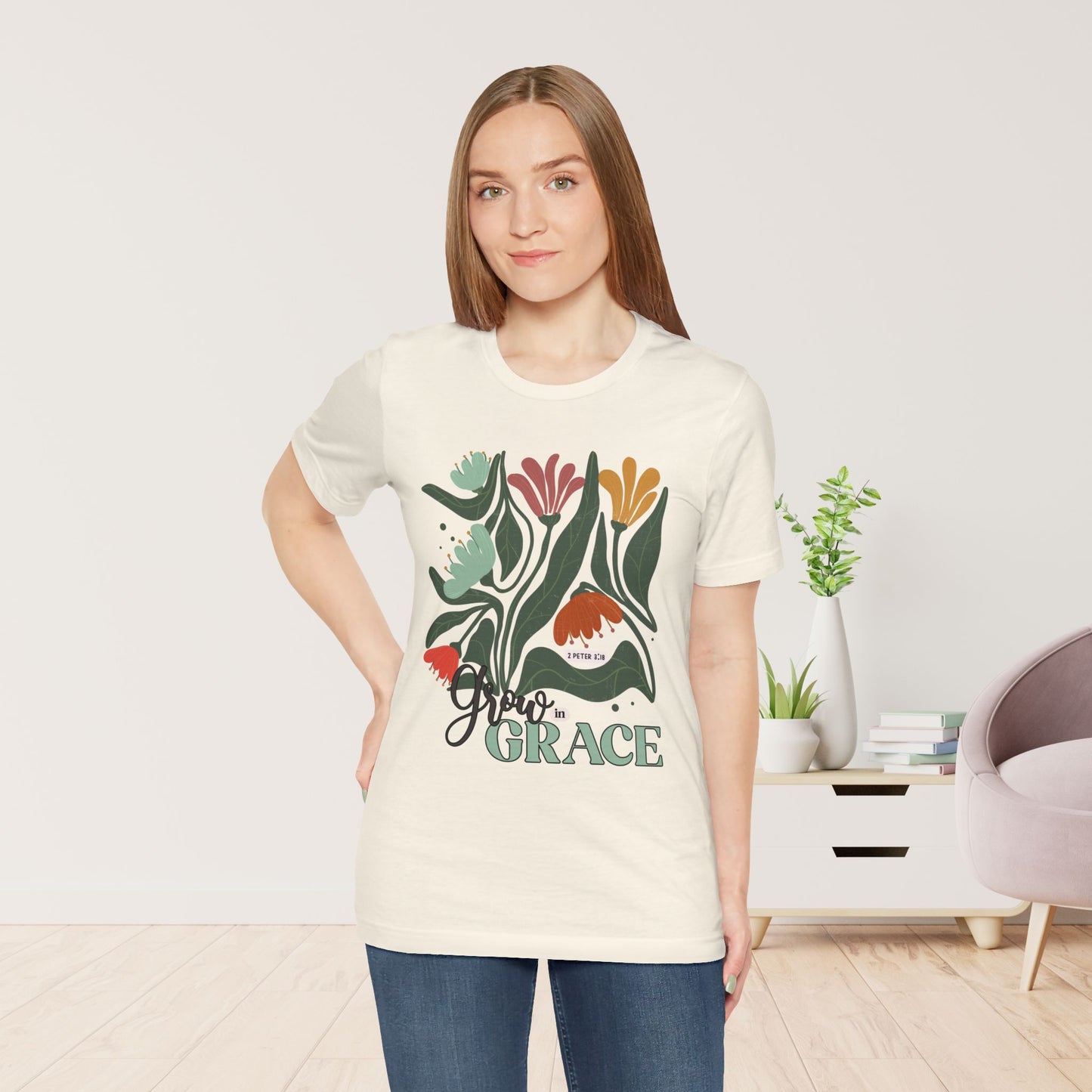 Floral Grow in Grace Soft Cotton Tee - Bible Verse T-shirt