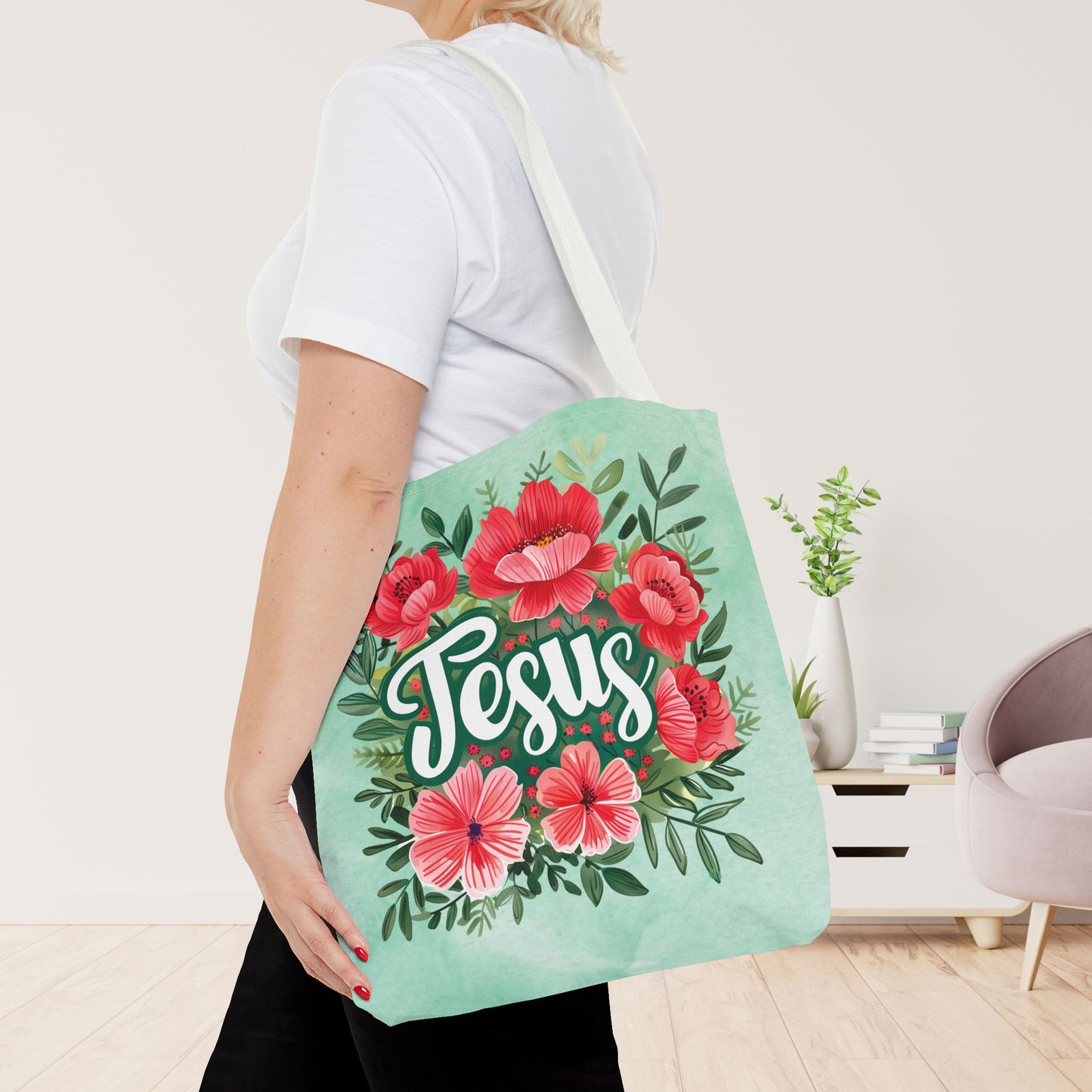 Floral Jesus Tote Bag - Christian Tote Bag - 16"