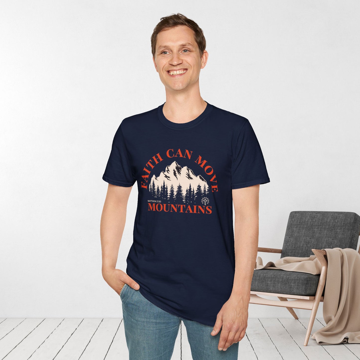 Faith Can Move Mountains Softstyle T-shirt - Matthew 17:20 Bible Verse Shirt