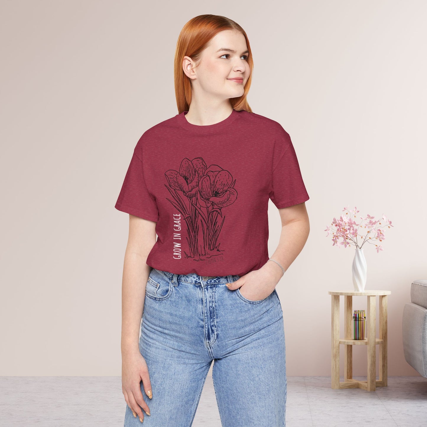 Spring Grow in Grace Soft Cotton Tee - Bible Verse T-shirt