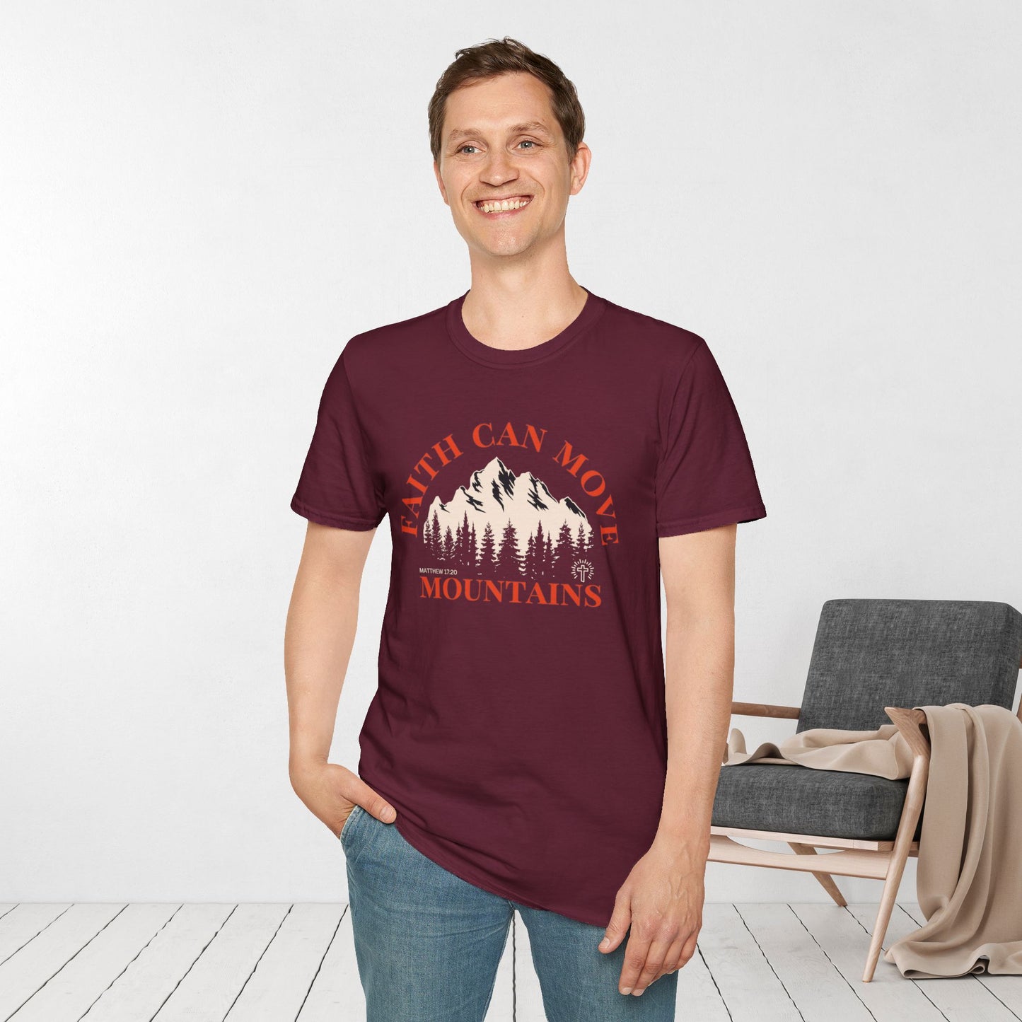 Faith Can Move Mountains Softstyle T-shirt - Matthew 17:20 Bible Verse Shirt