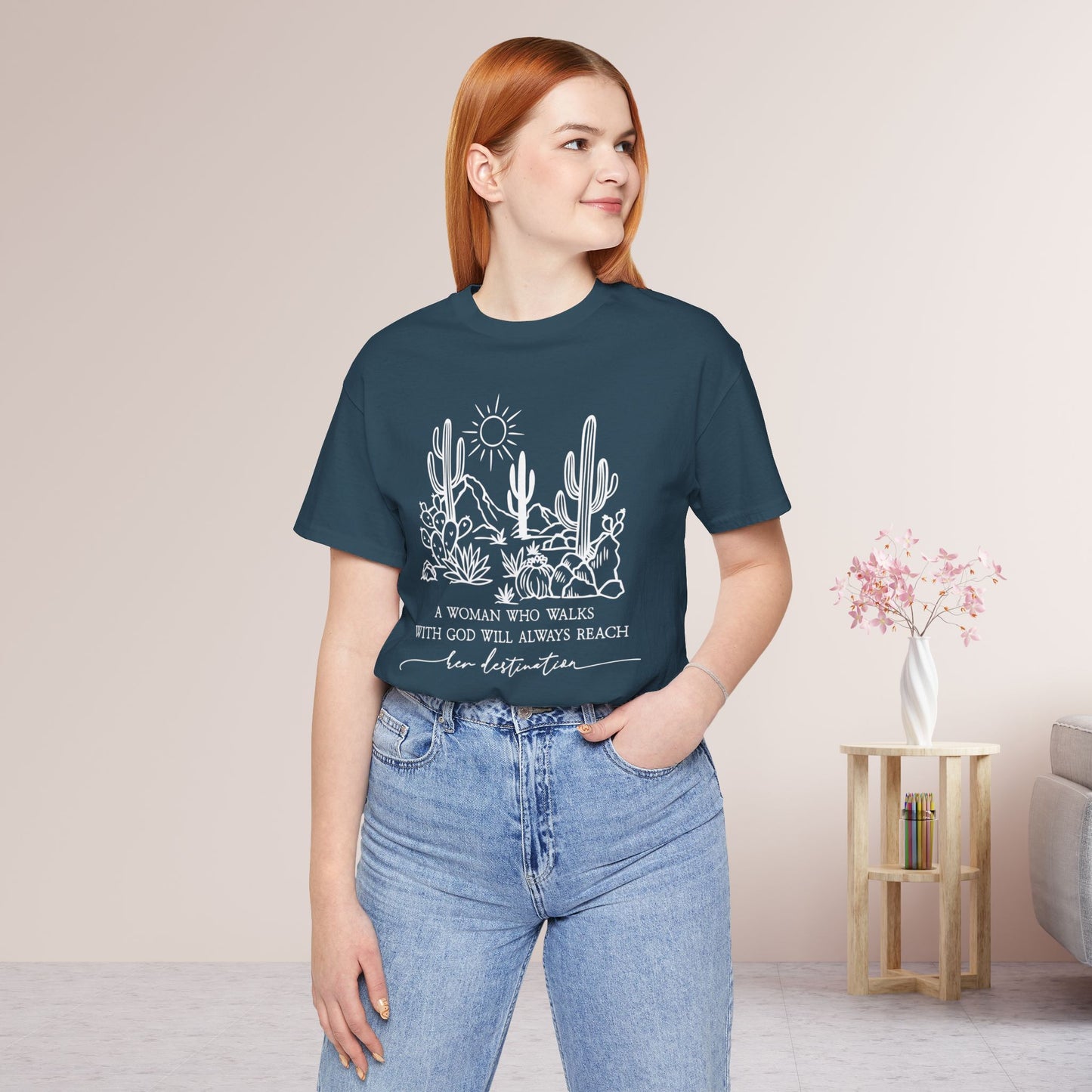 A Woman Who Walks With God Will Always Reach Her Destination Soft Cotton Tee - Christian Tee