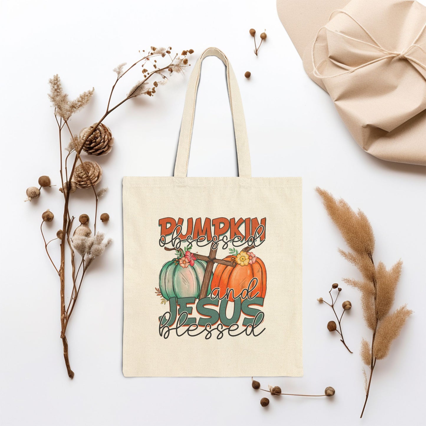 Pumpkin Obsessed and Jesus Blessed Canvas Tote Bag