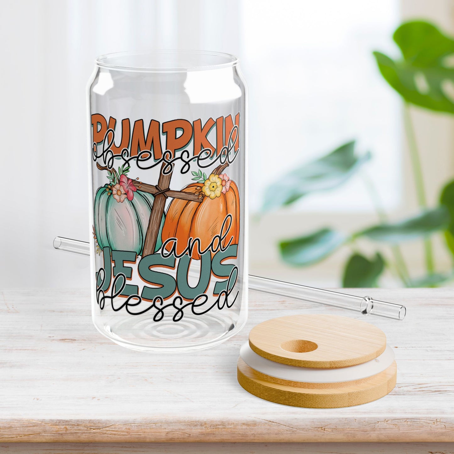 Pumpkin Obsessed & Jesus Blessed Sipper Glass with Bamboo Lid & Straw - 16 oz