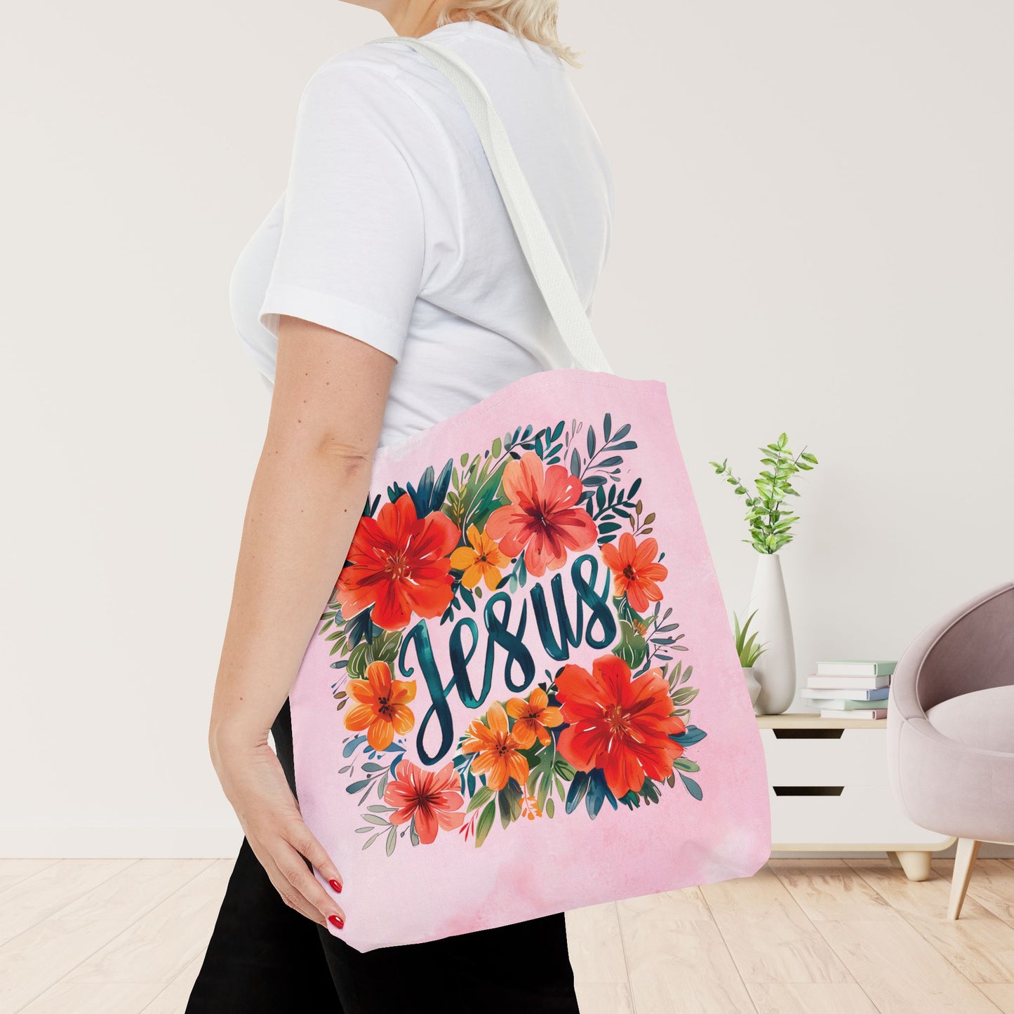 Floral Jesus Tote Bag - Christian Tote Bag - 16"