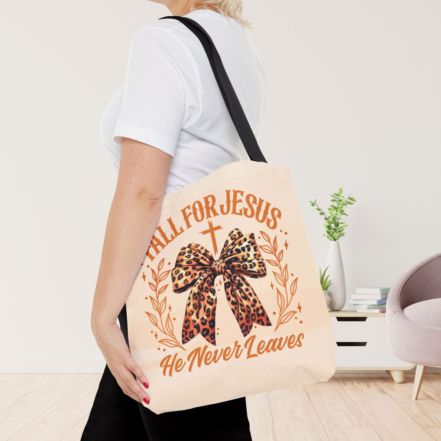 Fall For Jesus He Never Leaves Tote Bag - Christian Tote Bag - 16"