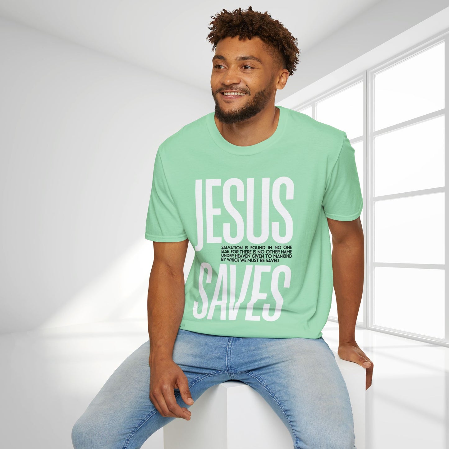 Trendy Jesus Saves Softstyle T-shirt - Acts 4:12 Bible Verse Christian T-shirt