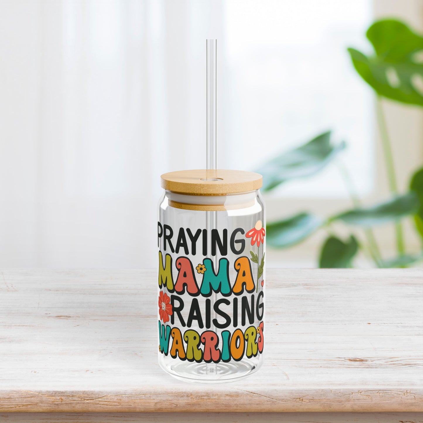 Praying Mama Raising Warriors Sipper Glass with Bamboo Lid & Straw - 16 oz