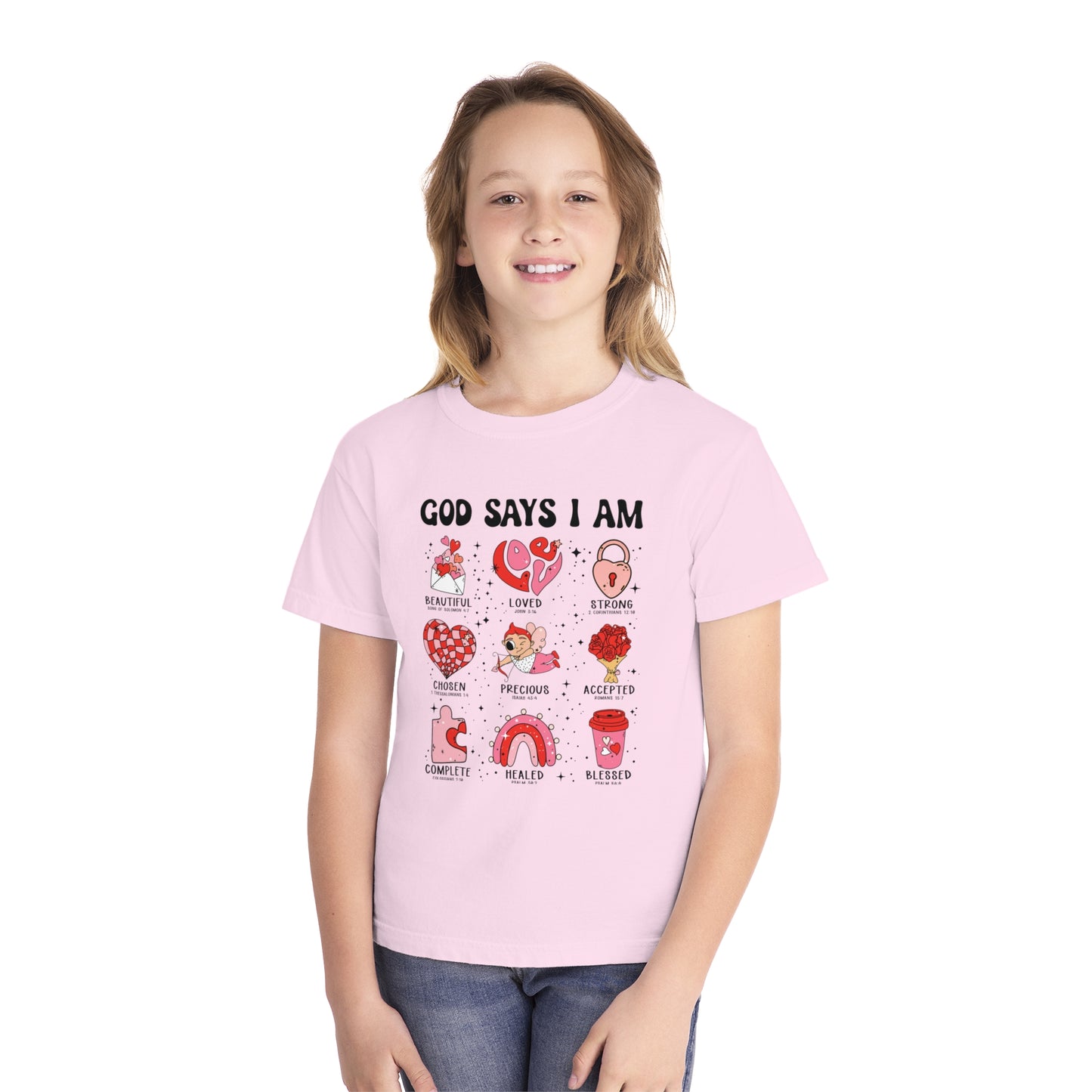 God Says I Am... Comfort Colors Youth Shirt - Christian Valentine's Day Shirt