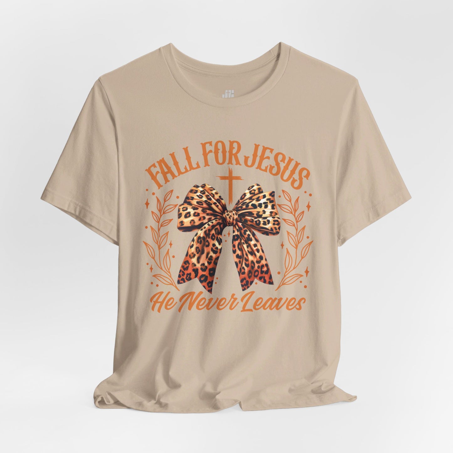 Fall For Jesus He Never Leaves Soft Cotton Tee - Fall Christian Shirt