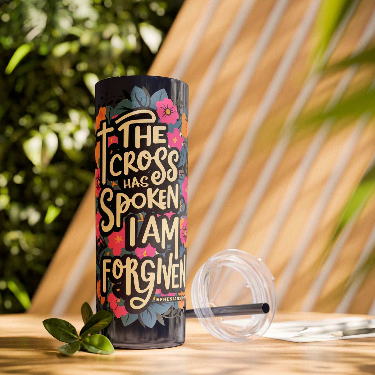 The Cross Has Spoken I Am Forgiven Skinny Tumbler with Straw - 20oz