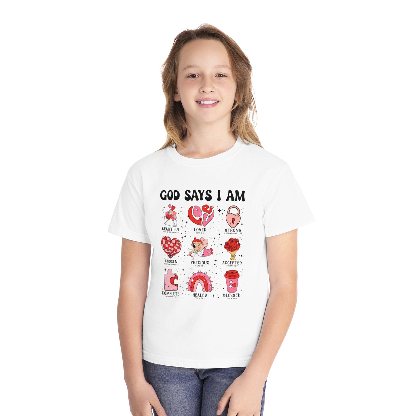 God Says I Am... Comfort Colors Youth Shirt - Christian Valentine's Day Shirt