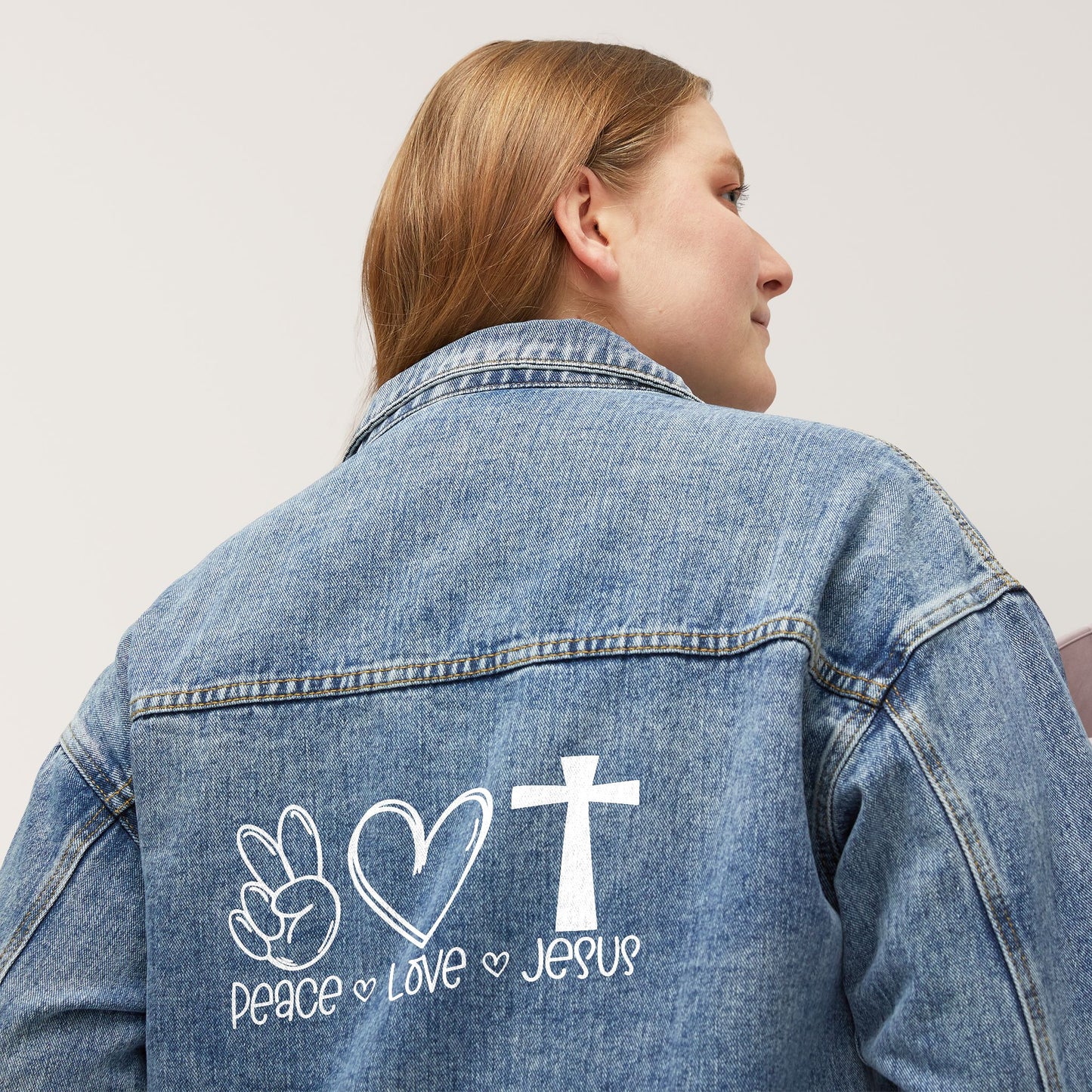 Peace Love Jesus Women's Denim Jacket - Christian Denim Jacket