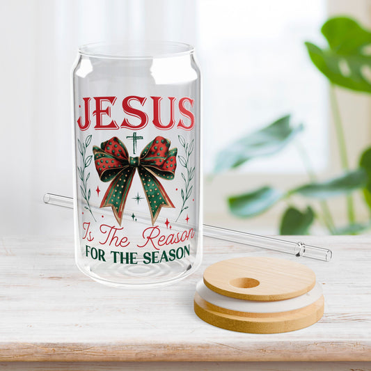 Jesus Is The Reason For The Season Sipper Glass with Bamboo Lid & Straw - 16 oz