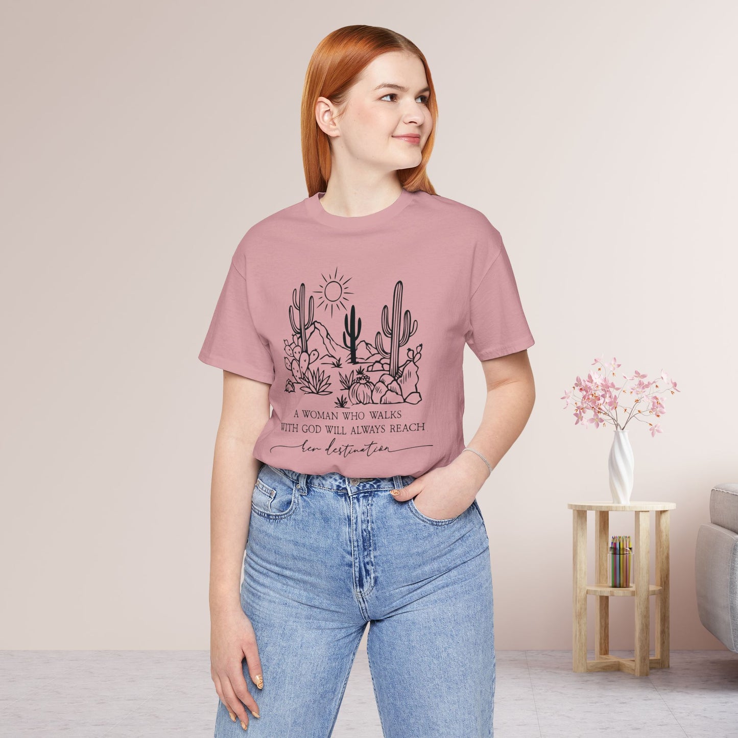 A Woman Who Walks With God Will Always Reach Her Destination Soft Cotton Tee - Christian T-shirt