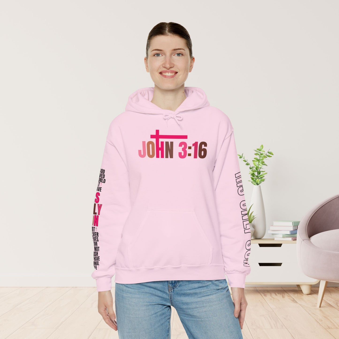 Pink His Only Son John 3:16 Bible Verse Christian Hoodie