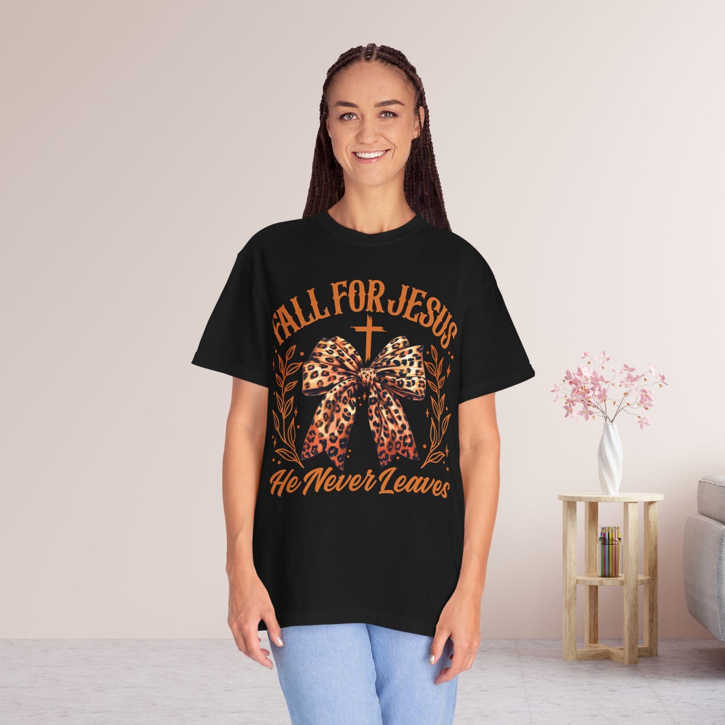 Fall for Jesus He Never Leaves Comfort Colors Christian Shirt