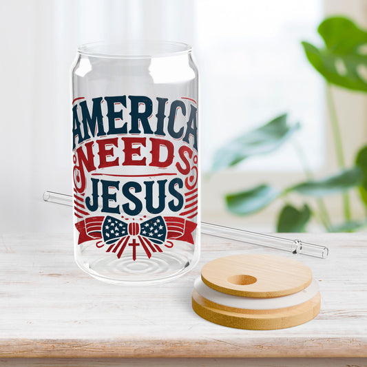 America Needs Jesus Sipper Glass with Bamboo Lid & Straw - 16 oz