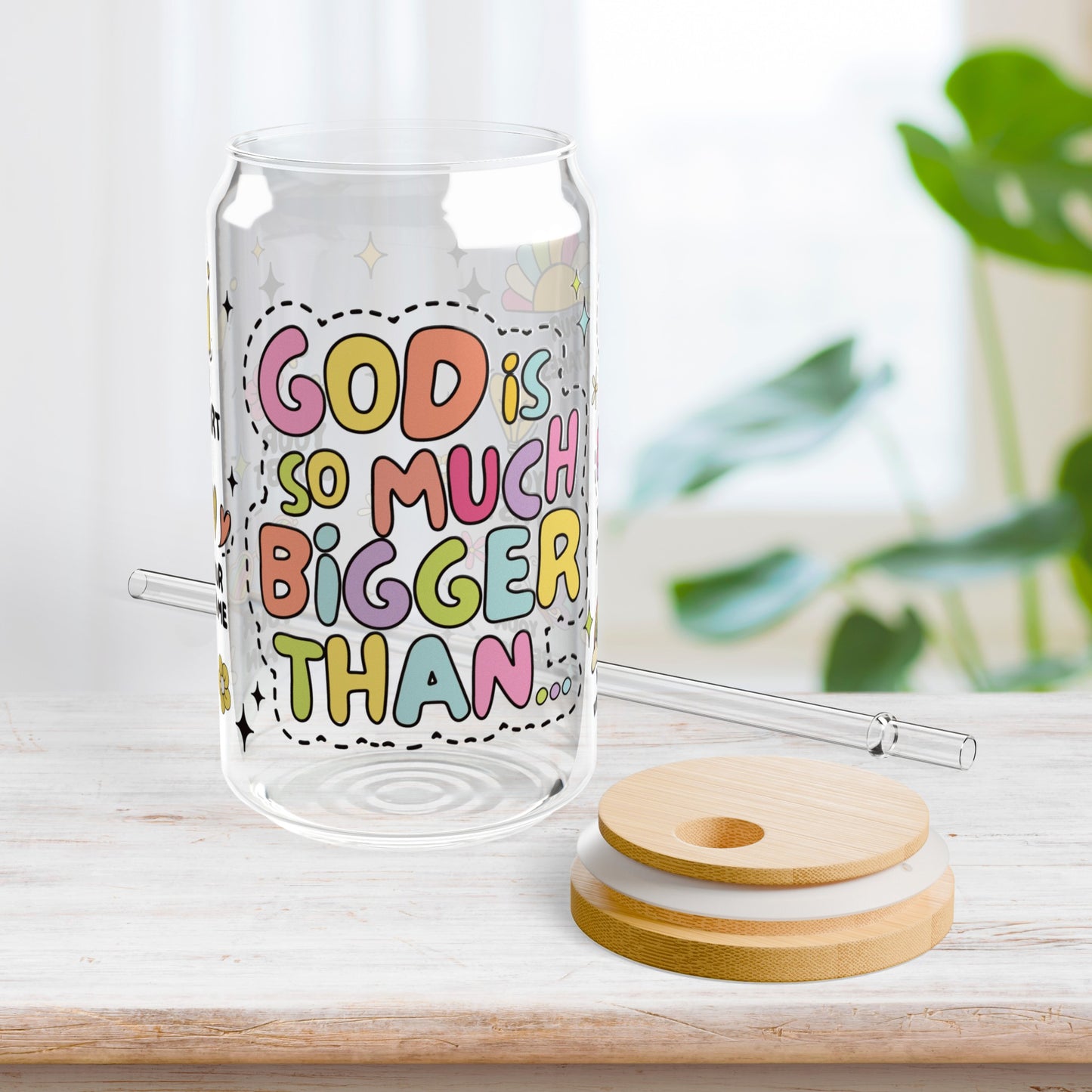 God is So Much Bigger Than... 16 oz Sipper Glass with Bamboo Lid & Straw