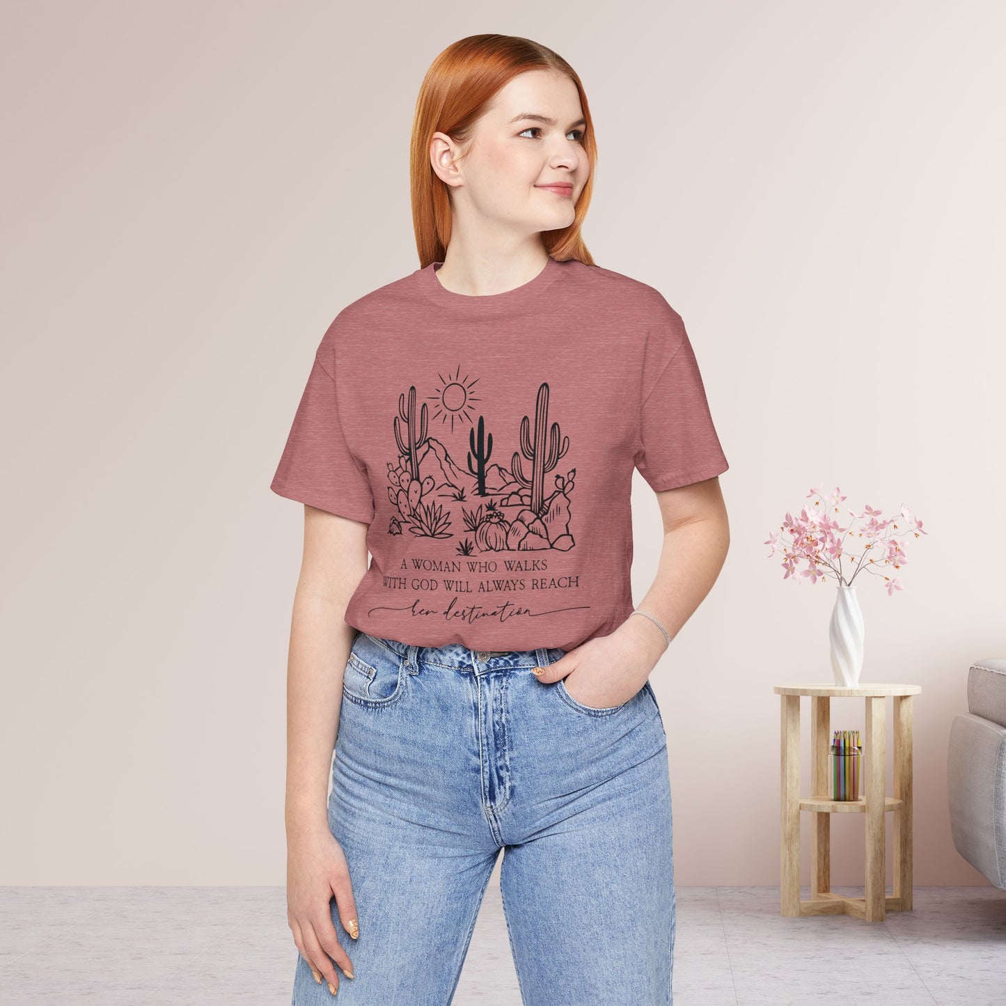 A Woman Who Walks With God Will Always Reach Her Destination Soft Cotton Tee - Christian T-shirt