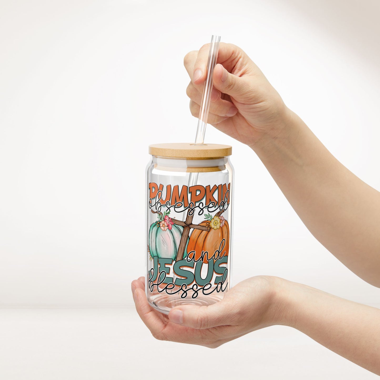 Pumpkin Obsessed & Jesus Blessed Sipper Glass with Bamboo Lid & Straw - 16 oz