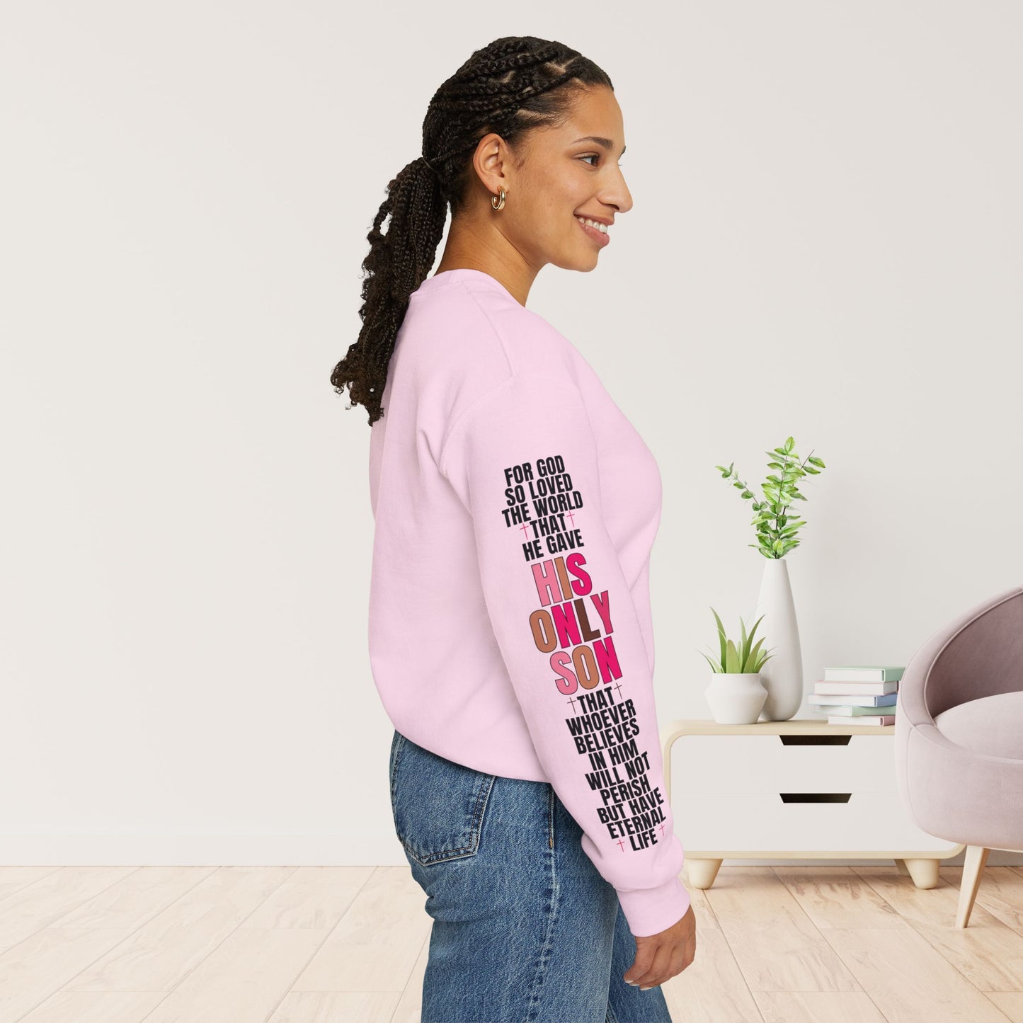 Pink His Only Son John 3:16 Bible Verse Christian Sweatshirt