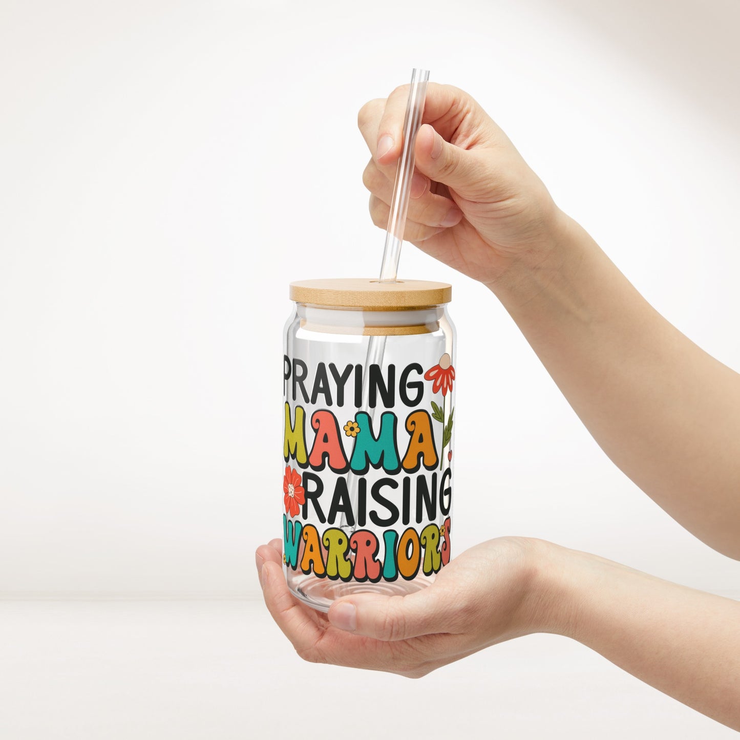 Praying Mama Raising Warriors Sipper Glass with Bamboo Lid & Straw - 16 oz