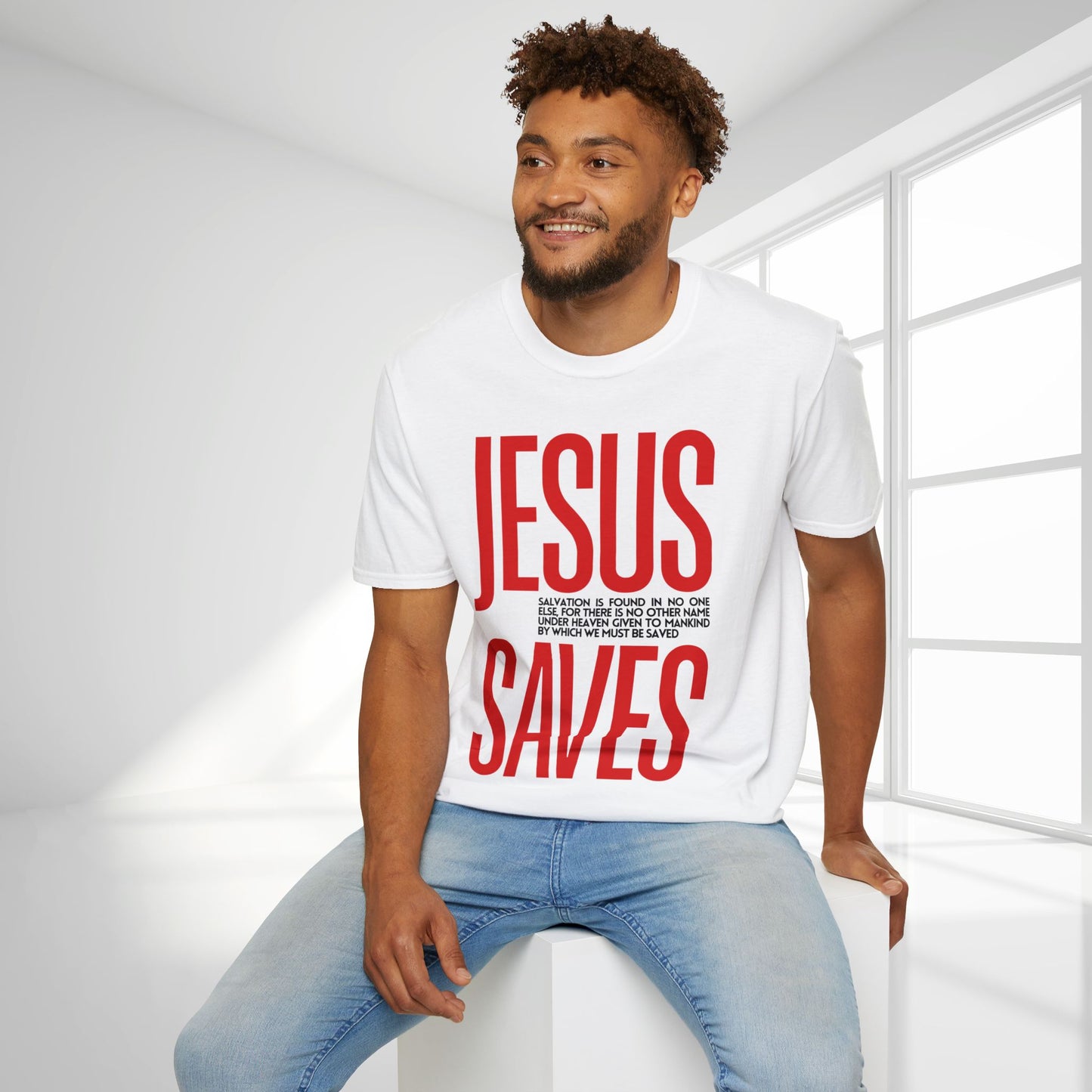 Trendy Jesus Saves Softstyle T-shirt - Acts 4:12 Bible Verse Christian T-shirt