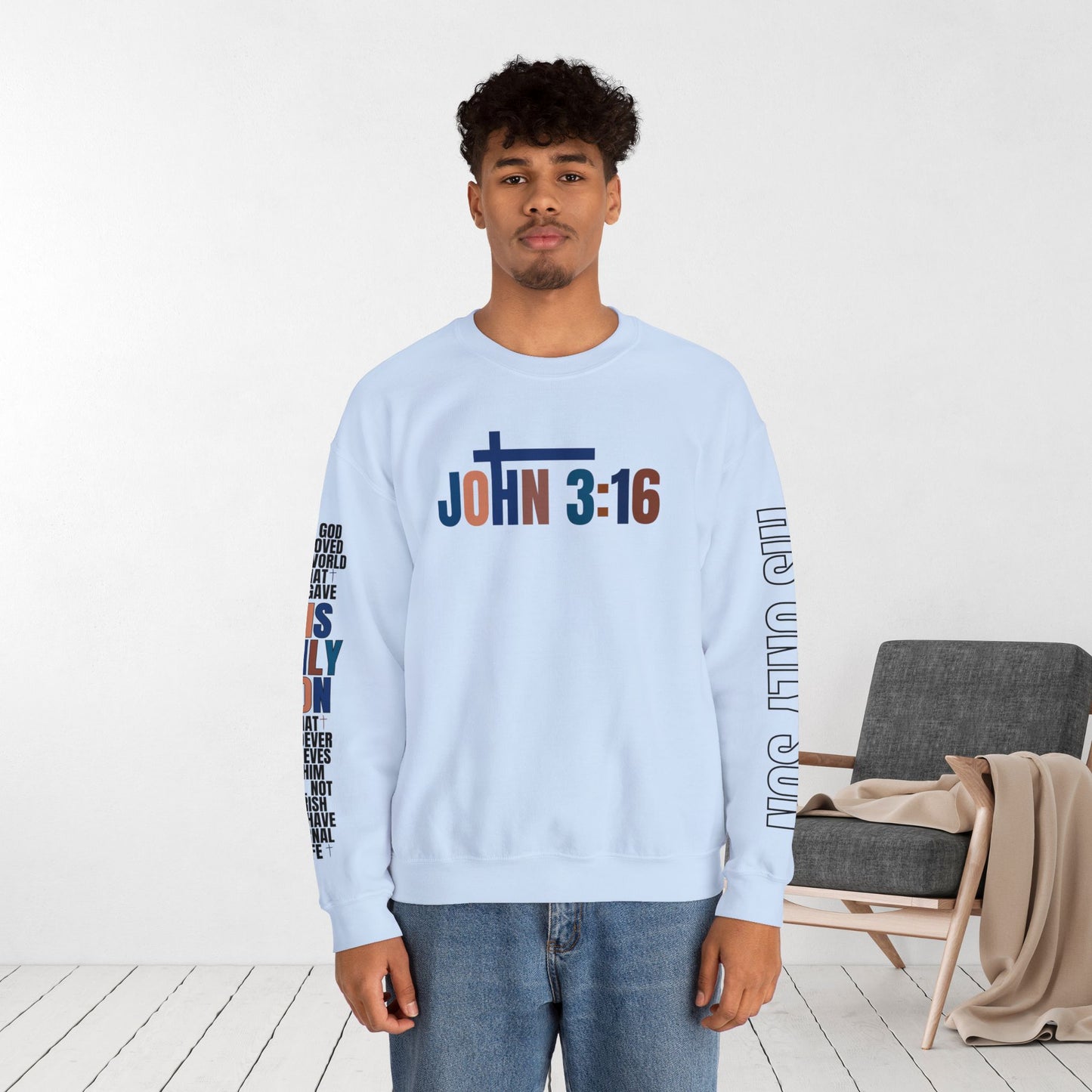 Blue His Only Son John 3:16 Bible Verse Christian Sweatshirt